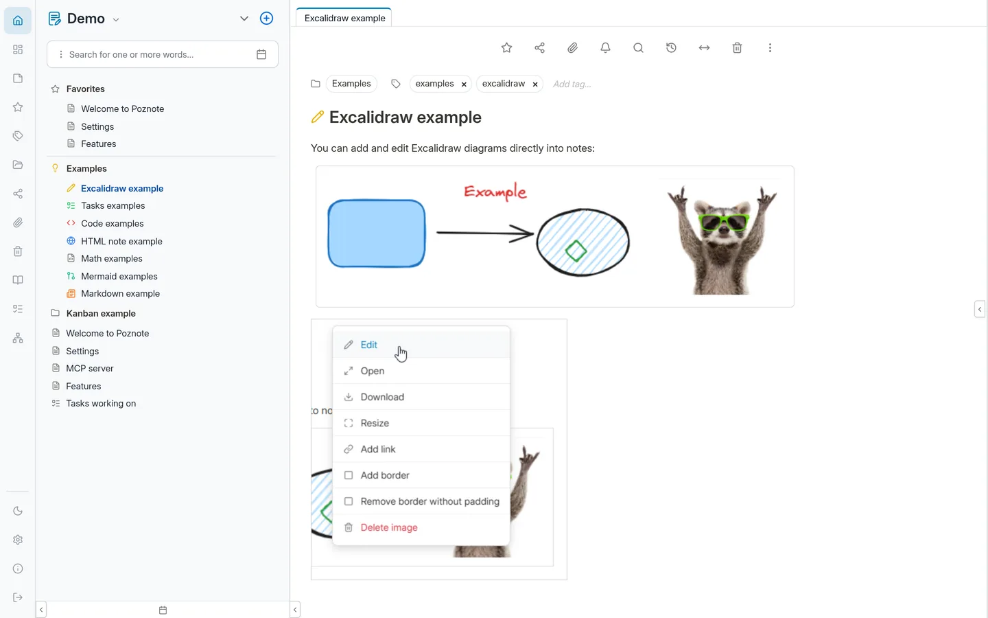 Excalidraw drawing inside a Poznote note