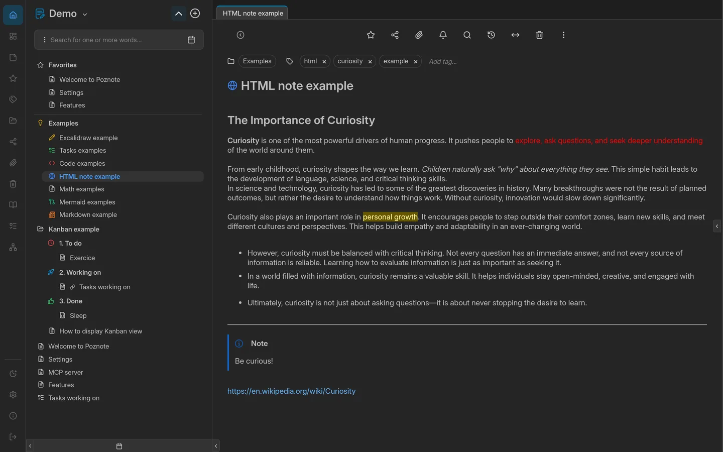 Poznote in dark mode