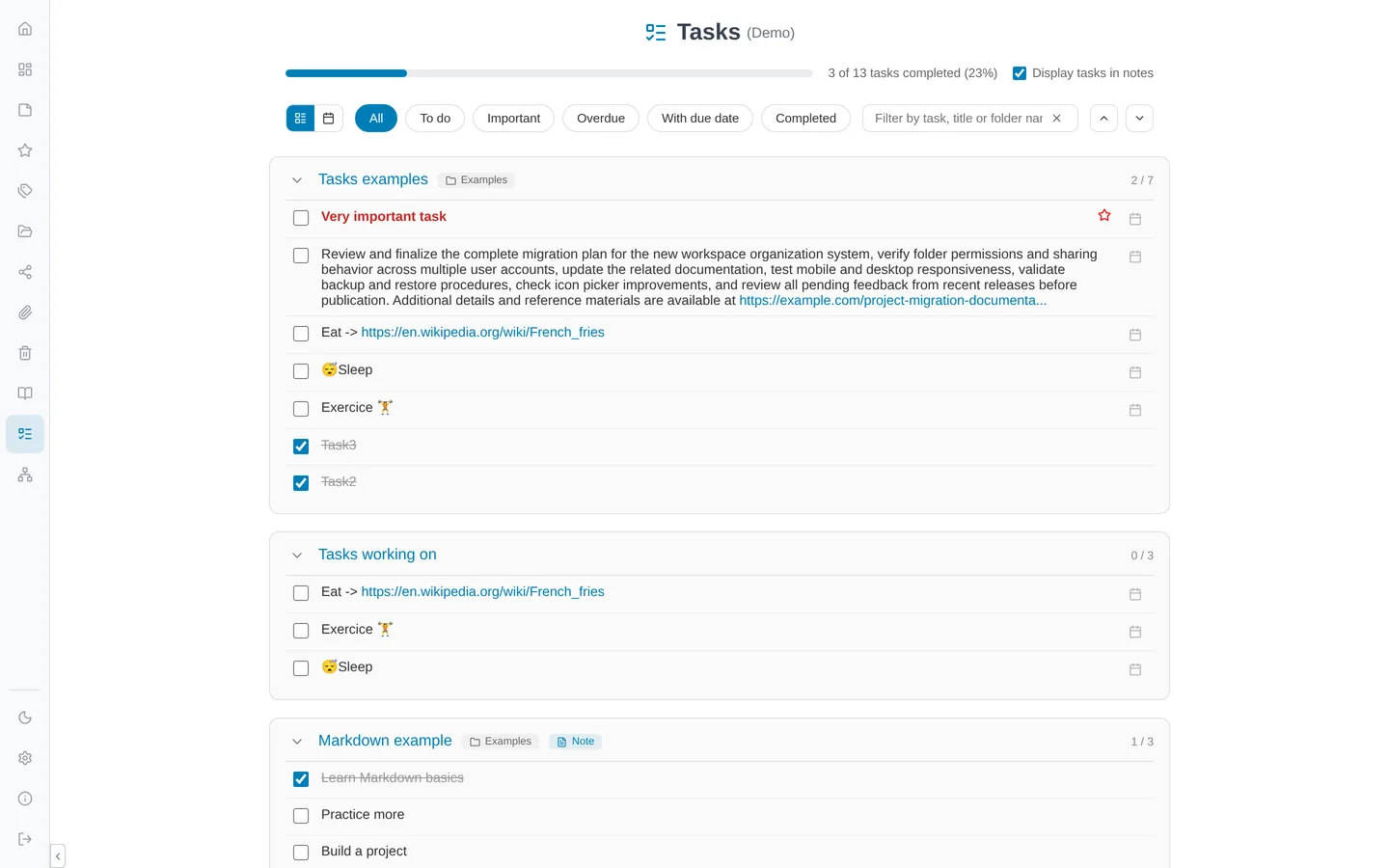 Poznote tasks page
